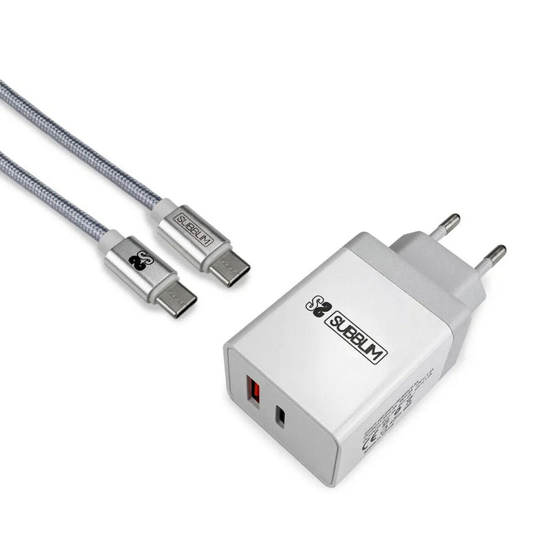 Carregador de Parede + Cabo USB A para USB C Subblim CARGADOR ULTRA RAPIDO 2xUSB DE PARED PD18W+2.4A + Cable C to C Blanco